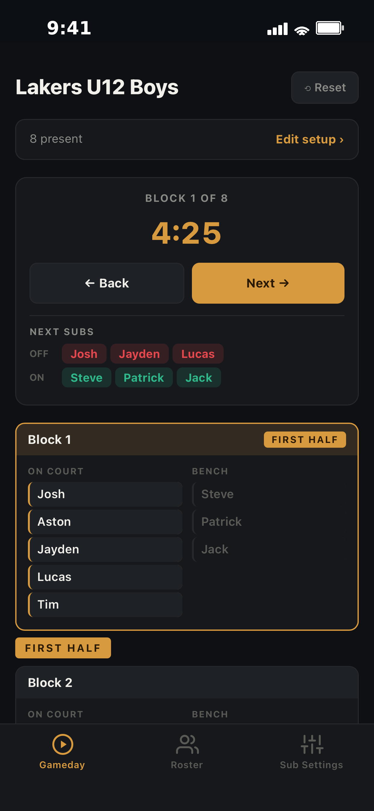 Live Gameday screen mid-game showing the block timer and next substitutions