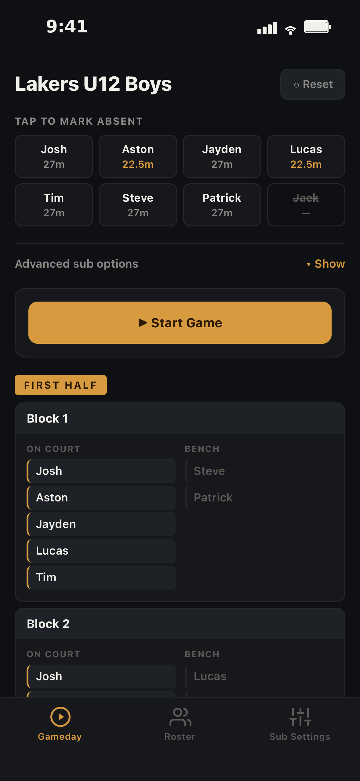 Gameday setup screen for marking players absent before starting the game