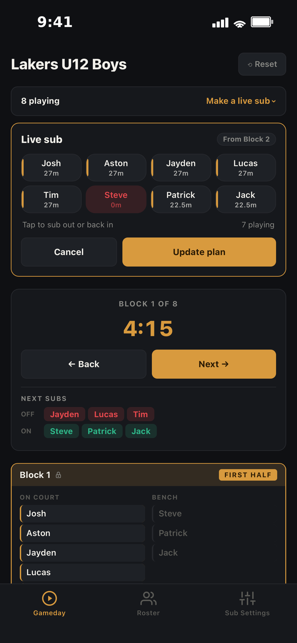 Live sub panel on the Gameday screen with one player tapped out and an Update plan button