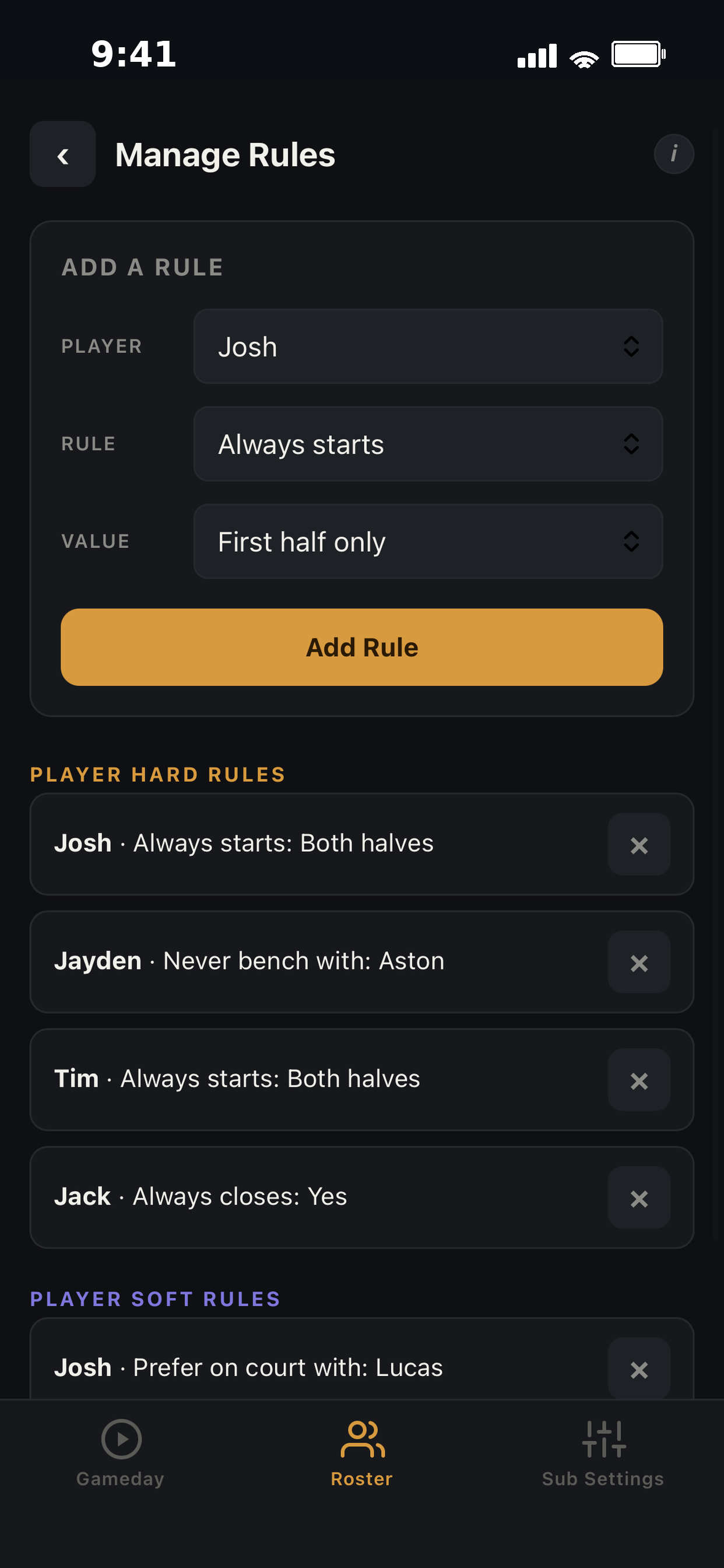 Manage Rules screen with a rule builder and a list of active player rules