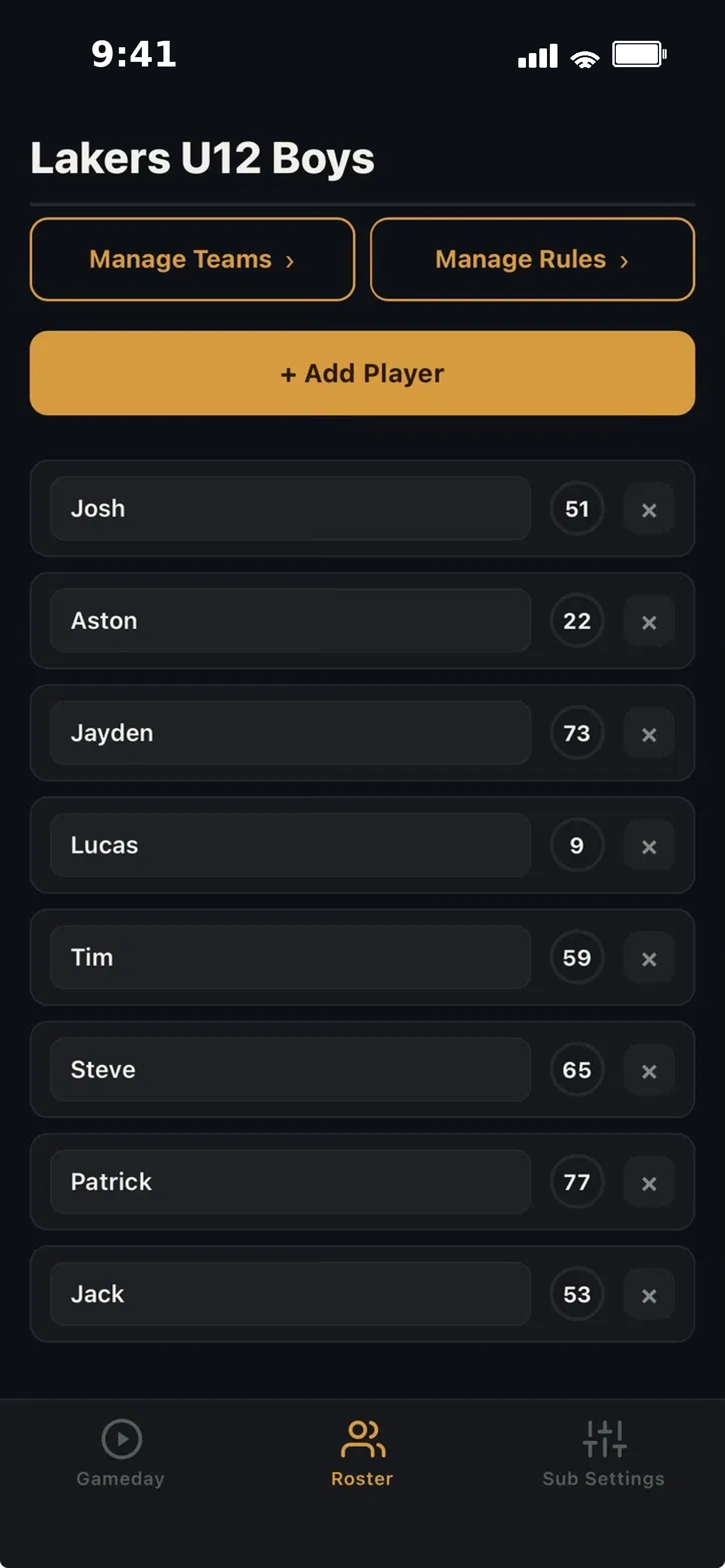 Roster screen showing a full player list with Add Player and Manage Rules options
