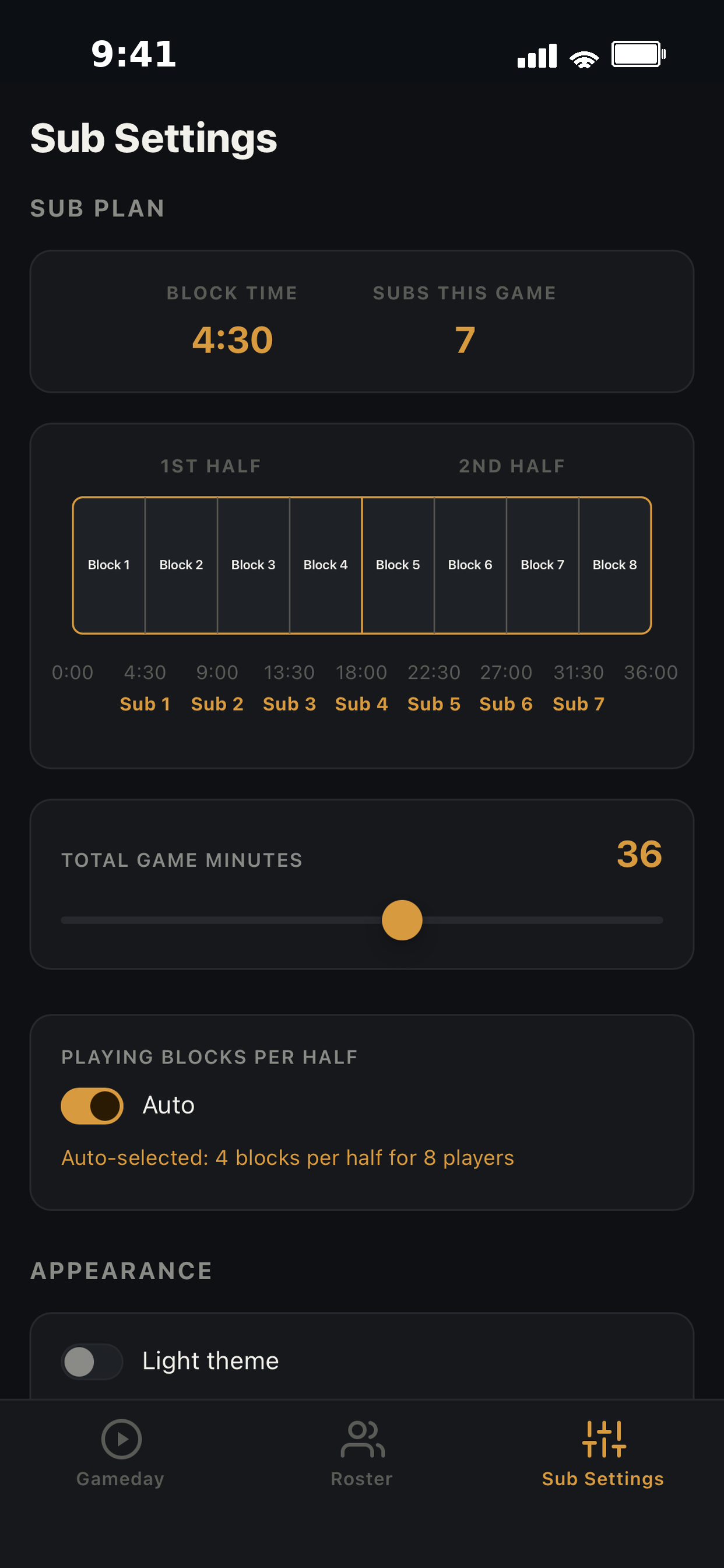 Sub Settings screen showing the sub plan timeline and blocks-per-half controls